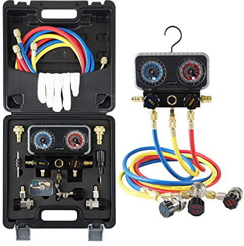 Lichamp AC R1234YF R134A - Juego de manómetros automotrices compatible con refrigerantes R1234YF R134A y R404A, funciona en carga y evacuación de freón de coche