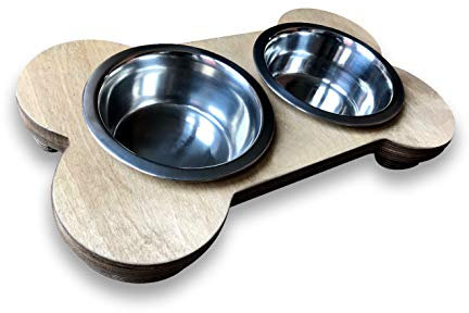 ADD YOUR DOGS NAME!!!! - Personalised bone shaped dog feeding stand with 2 x 6'' Stainless steel bowls (BONER)(PK3)