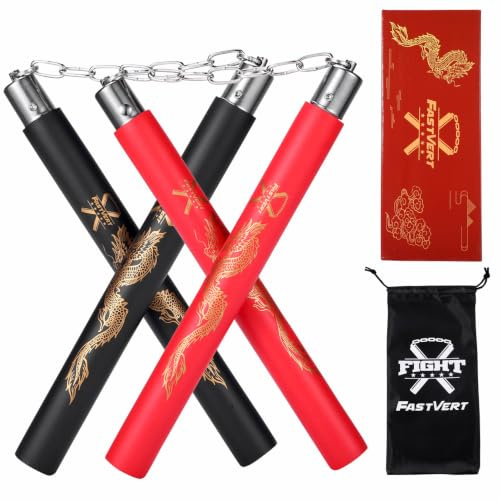 Fastvert 2 pares de Nunchakus duraderos, Nunchakus de entrenamiento ligero de espuma para principiantes y niños (Característica: palos más gruesos con cadena giratoria de acero)