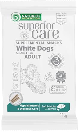 Nature's Protection Superior Care Funktionale Hunde-Sticks, Lachs 7 x 110 g | Snacks zur Allergielinderung, Belohnungssnacks, Getreidefrei, erwachsene Hunde aller Rassen, Weißes Fell