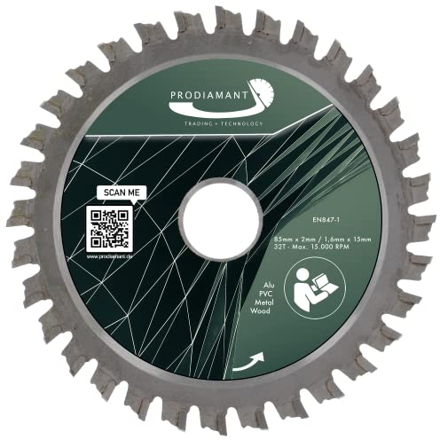 PRODIAMANT hoja de sierra circular 85mm x 15mm para madera, metal y aluminio compatible con sierra de inmersión, hoja de sierra circular 85mm