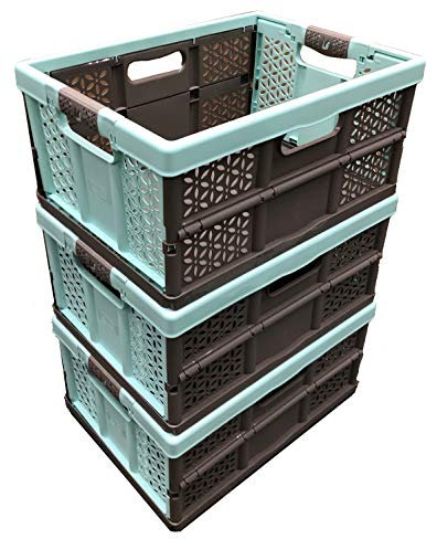 keeeper 3 x 32 Litre Extra Strong Folding Plastic Stacking Storage Crates Box - 30KG LOAD CAPACITY PER BOX - SOFT HANDLES, Blue/Brown