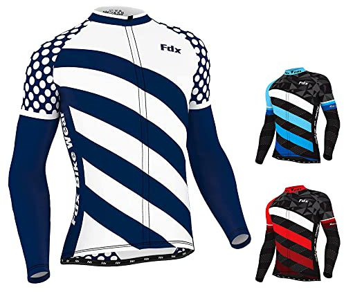 FDX Cycling Jersey Men’s - Italian Roubaix Fabric, Long Sleeve, Breathable, Full Zipped Winter Cycle Top - Bicycle Riding Jersey, Running, Mountain Bike Sports Clothing (White, Large)