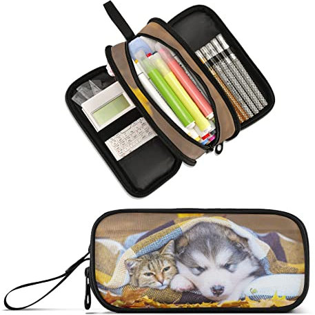 XUWU Federmäppchen mit niedlichem sibirischem Husky, großes Fassungsvermögen, 3 Fächer, Stiftebox, Make-up-Tasche, Organizer, Schreibwarentasche für Schule, Teenager, Mädchen, Jungen, Männer, Frauen
