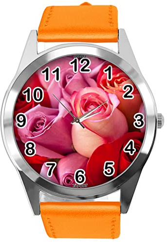 TAPORT Orange Leather Round Watch for Flowers Fans e3
