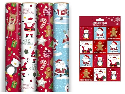 4 x 7M Rolls Of Christmas Wrapping Paper - Cute Kids Designs - Festive Wrap - Red Cute Characters, Blue Santa, Red Gingerbread, White Santa - Complete With 32 Matching Tags