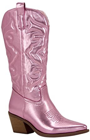 shownicer Bottes de Cowboy Femmes Vintage Classique Mode Broderie Casual Bottes Dames Mi-Mollet Western Bottes Longues Talon Épais A Rose 38 EU