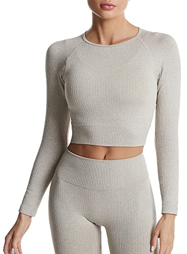 SEAUR Sports Crop Top für Damen Langarm Laufshirt Bauchfrei Elastische Sportswear
