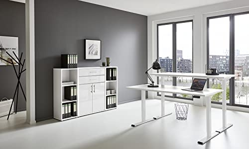 BMG Möbel e-Office Edition 13 in diversen Farben höhenverstellbar (Gestell: Weiß, Korpus-Front: Weiß/Weiß Hochglanz, Tischplatte: Weiß, Abmessung Tischplatte: 138 x 67 cm)