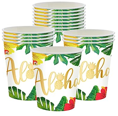 16Pcs Hawaiian Luau Paper Cups,Summer Tropical Luau Cups Disposable Tableware Hawaiian Party Cups,Aloha Tropical Palm Leaves Paper Cups for Kids Birthday Beach Hawaiian Tropical Party Decorations