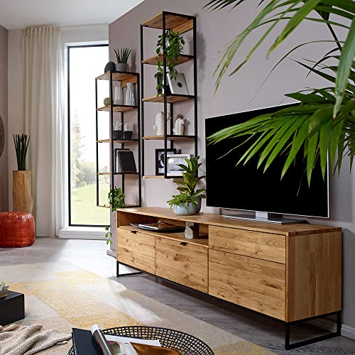 Wohnwand Set aus TV Lowboard, 180cm, mit 2 Hängeregalen in Wildeiche massiv geölt, B/H/T ca. 310/200/40 cm