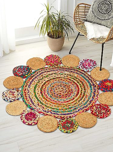 RIANGI Runder handgewebter Chindi-Teppich aus Jute, 91 cm, bunt, Boho-Teppich für Wohnzimmer, Schlafzimmer, Esszimmer, Klassenzimmer