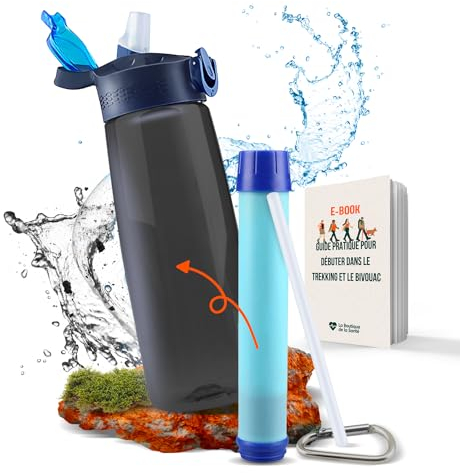 Gourde filtrante eau non potable + Lot x2 filtres charbon actif purificateur d’eau | Idéale pour randonnée, camping, trek, voyage, bivouac | Kit de survie Homme Femme | Paille et boussole | 650mL
