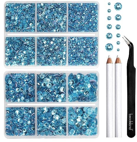BEADSLAND pedreria hotfix, 6080PCS piedras azul strass termoadhesivas diamantes cristales para manualidades,Kit mixto de 6 tamaños con lápiz de cera y pinzas,SS6-SS30,Aguamarina Rhinestones