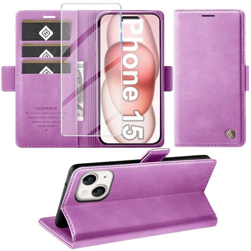 Giyer Handyhülle für iPhone 15 Hülle mit Schutzfolie, Standfunktion Kartenfach Wallet Premium Leder Schutzhülle für iPhone 15 5G 2023 Flip Case Cover Tache Stoßfeste Klapphülle (Lila)
