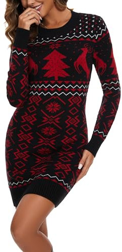 Bresdk Robe Pull de Noel Femme Moche Hiver Col Rond Ugly Christmas Sweater Dress Pullover Robe de Noel Drole Grande Taille, Noir, L