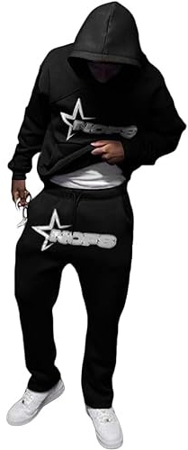 Jogginghose und Trainingsanzüge | Buchstaben Druck Lose Hoodies und Jogginghosen Y2K für Herren | Hip Hop Streetwear Tracksuit Männer Pullover Lässig Oberteile und Sporthosen (2 Stück Anzug)
