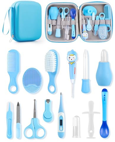 15PCS Trousse de Soin Bebe Kit Trousse de Toilette Bebe pour Prendre Soin kit de Soins pour bébé Professionnel Sans BPA Accessoires Bebe Naissance Garçon pour Voyage Maison - Bleu