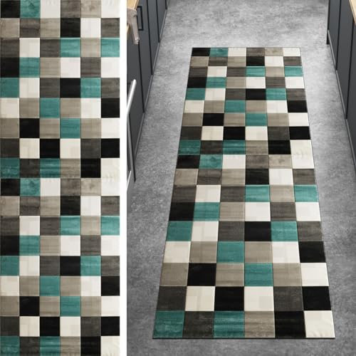 Ymural Läufer Flur rutschfest Teppich Küche 50x300CM Grün Grau Teppichläufer Waschbar Lang Patchwork Teppichmatten Meterware Kurzflor Polyester Korridor Schlafzimmer, Anpassbar Breite 40-120cm