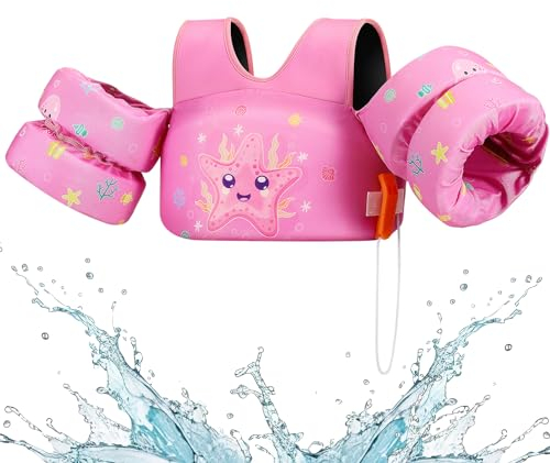 HeySplash Schwimmflügel Kinder, Cartoon Kein Aufblasen Schwimmweste mit 2 Sicherheitsschnalle Schwimmreifen Pool für Kinder 3-7 Jahren, Aufblasbare Schwimmwesten Fit für 22-70 Lbs