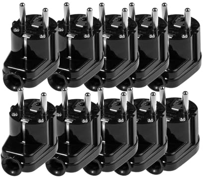 KEL 10 Stück Winkelstecker Uni Schuko 16A / 230V - Stecker, Schutzkontaktstecker IP20 Stromstecker, Uni Schukostecker aus Kunstoff, schwarz