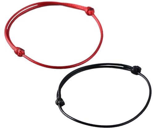 DUINIU 2 Pcs Adjustable Leather Wrap Bracelet with Bell Collar - Unisex (Red and Black)