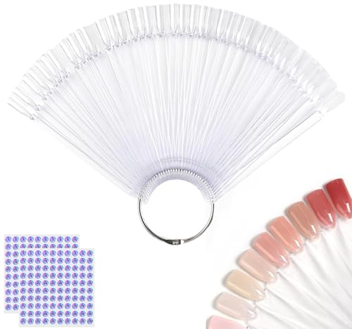 Nail Colour Pattern Sticks with Ring, 50 Pieces Transparent Fan Shape Nail Polish Display Tips with Number Stickers, False Nails, Sample Sticks, Transparent Nail Practice Tips for Manicure