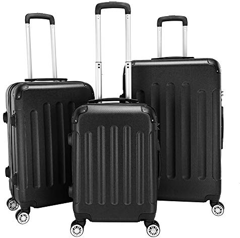 LEADZM Koffer Set 3 Teilig, Reisekoffer Set, Kofferset mit 4 Rollen und Zahlenschloss, Handgepäck, ABS Koffer Qrganizer, Teleskopgriff (Style 1, Schwarz)
