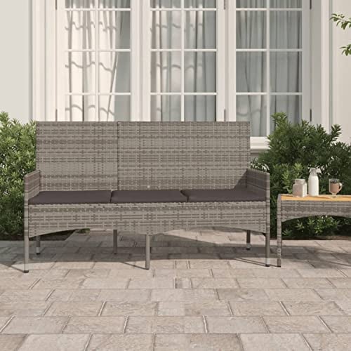 Chaduof Gartenbank 3-Sitzer mit Kissen, Sitzbank Garten, Sitzbank Outdoor, Balkon Bank, Parkbank, Balkonbank, Grau Poly Rattan