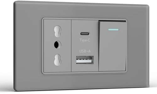 BSEED Presa, Prese Elettriche da Muro con Interruttore 1 Gang 1 Via e Presa USB A e USB C, Spina 118m per Ufficio Casa, Grigio
