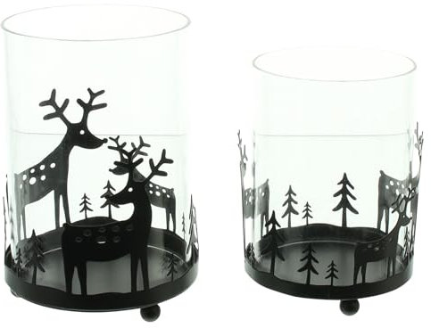 FRANK FLECHTWAREN Windlicht Rentier im Wald, 2er Set, Metall, Mattschwarz Maße: Ø 8 x 11 cm, Ø 9 x 13 cm, stilvolles Aussehen, Stimmungsvolle Atmosphäre
