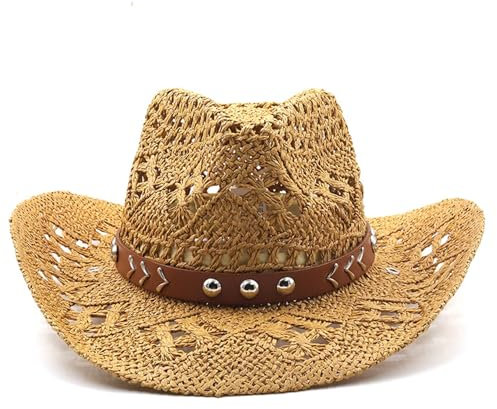SWEETBIUTI Chapeau de Cowboy en Paille Fine - Large Rasage Occidental Respirant avec Protection UV pour Femmes Hommes en Plein air