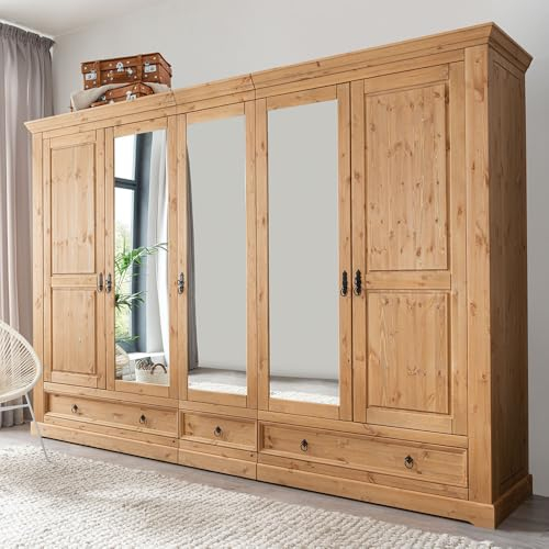 Lomadox Schlafzimmer Drehtürenschrank Kleiderschrank 5-türig, 310cm breit, Kiefer massiv eichefarben geölt