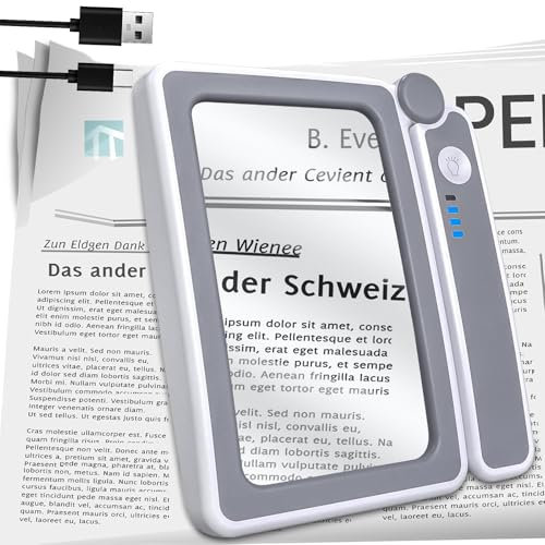 Magnifying Glass with Light, 4X Rechargeable Full Page Magnifier with 3 adjustable LED lighting modes, Large Folding Handheld Book Magnifier, Christmas Birthday Gifts for Grandma Grandpa Book Lovers