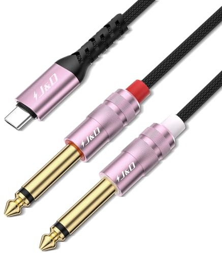 J&D Cable de Audio USB C a 1/4 pulgada, Cable aux y Divisor Doble 6,35 mm TS de USB Tipo C para Smartphones, Tabletas y más, Compatible con iPhone 16/17 Series, Galaxy S25/S24, Oro Rosa, 2,4 m
