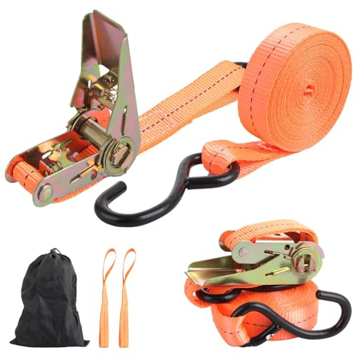 ASelected 2er Set Spanngurte mit Ratsche und Haken 25 MM Breit 4.5 M LAN Zurrgurte Spanngurte Spanngurt Orange mit 2 Doppelschlaufen für Gepäck Transporter Motorrad Umzugsgeräte, Polyester