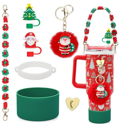 JUST MEET YOU Weihnachtsbecher-Zubehör für Stanley-Becher, 850 ml, 1134 ml, Becher mit Griff, inklusive handgewebtem Wasserflaschengriff, Charms für Stanley-Becher, Silikon-Becherring,