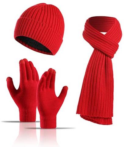 YDEWLY Mütze, Schal und Handschuhe Set Damen, Mütze Schal Handschuhe Set Warme Strickmütze Langer Schal Touchscreen Zubehör for Männer Frauen Handschuhe Winter Schal Rot Damen(Red)