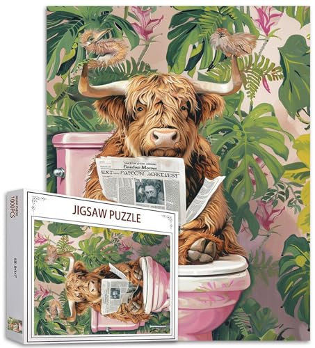 Tucocoo Highland Cow Jigsaw Puzzle Age 14+ 1000 Pieces Puzzles for Adults, Rustic Animals Green Plant Bathroom Art Puzzle for Challenging Family Activity Games Colorful DIY Crafts Puzzle for Home Decor Gifts
