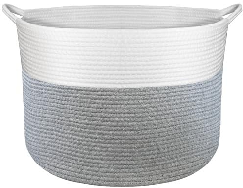 Tking Woven Storage Basket 55cm x 35cm Cotton Rope Basket 83L Extra Large Blanket Basket Laundry Baskets for Clothes Bedding Toy Baby Storage Organiser Living Room Nursery Laundry Hamper Grey/White