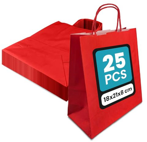 Netuno 25 Papiertüten mit Henkel Rot 18 x 21 x 8 cm rote Papiertaschen Kraftpapier mit Griffen Geschenktüten Kraft Papierbeutel Papiertragetaschen Öko paper bags