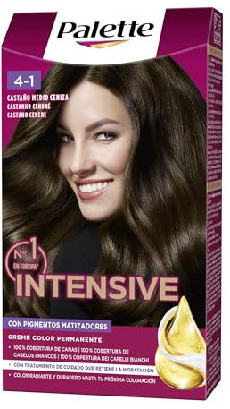 Palette Intensive Creme Color 4-1 Castaño Medio Ceniza, tinte de pelo permanente con aceite de macadamia y almendras, cubre el 100% de las canas y raíces, para un color radiante
