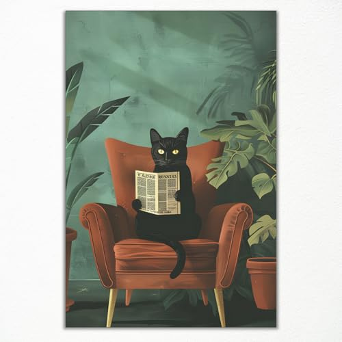 Leinwandbild, Motiv: Schwarze Katze, die Zeitung liest, auf orangefarbener Couch, ästhetisches Poster, lustige Tierbilder, Wanddekoration, botanische Pflanze, grüner Druck für Arbeitszimmer