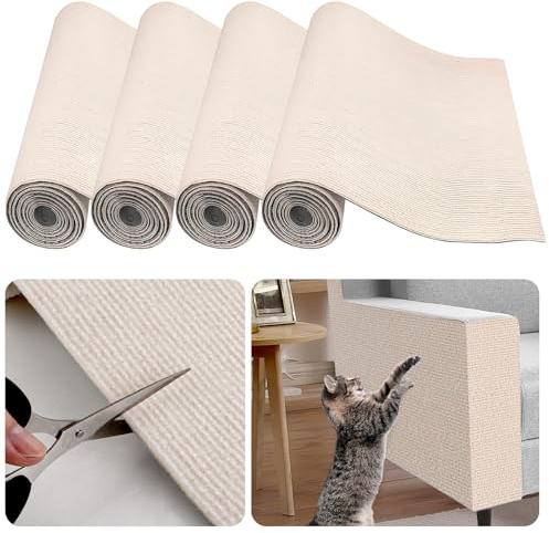 Oungy 4 Rolle Kratzschutz Sofa Katze, 400x40 cm Kratzmatte Selbstklebend, Kratzteppich Katze, Sisalmatte, Kratzfolie Katzen Selbstklebend, Kratzmatte Katzen Wand (Reisweiß, Jede Rolle 100x40 cm)