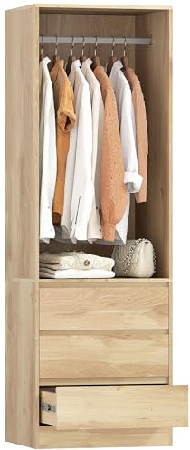 HOMCOM Armadio Guardaroba Salvaspazio con Asta Appendiabiti, Ripiano Aperto e 3 Cassetti, Armadio Camera da Letto, Mobile Guardaroba, 60x48.5x185 cm, Color Teak