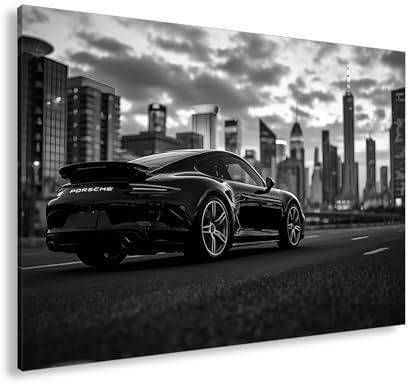 deyoli Leinwandbild Schwarzer Sportwagen vor Skyline 120x80cm Schwarz&Weiß | XXL Kunstdruck Bild auf Keilrahmen | Leinwandbild | Wandbild | Wohnzimmer Dekoration