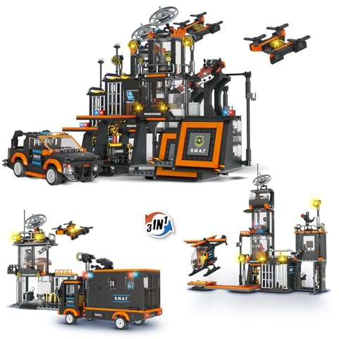 TOY PLAYER 3-in-1 City Polizei-Verfolgungsjagd Modellbau-Set, kompatibel mit Polizeiwache-, Polizeilastwagen- & Helikopter-Modellbausätzen, für Erwachsene ab 14 Jahren (619 Teile)