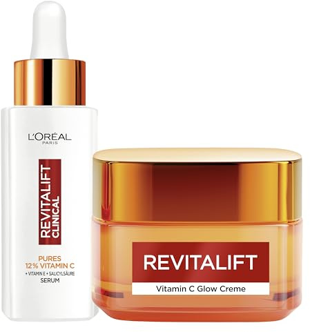L'Oréal Paris Set: Revitalift Clinical 12% Pures Vitamin C Serum für Frauen, 30 ml und Revitalift Vitamin C Glow Gesichtscreme für strahlende Haut verfeinerte Poren, mit Salicylsäure, 50 ml