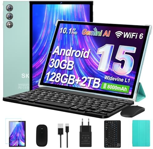 Tablet 10 Pollici Android 15 con Gemini AI, 30GB RAM 128GB+2TB Esp., Octa-Core, WiFi 6 BT 5.0, Widevine L1, Batteria 8000mAh, Fotocamera 8/5 MP, Tastiera Mouse Custodia, Corpo in Metallo - Verde