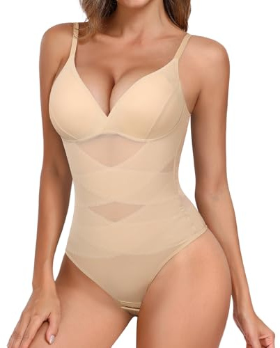 Tuopuda Donna Shapewear Body Contenitivo Modellante Perizoma Bodysuit Pancera Dimagrante Intimo Snellente Shaper Shaping V Collare Sexy Bustier Guaina Contenitiva, Beige, M